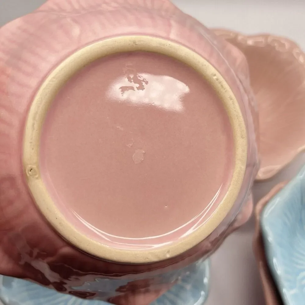 Blue And Pink Ceramic Flower Bowl 7.25” Serving Set Of 5